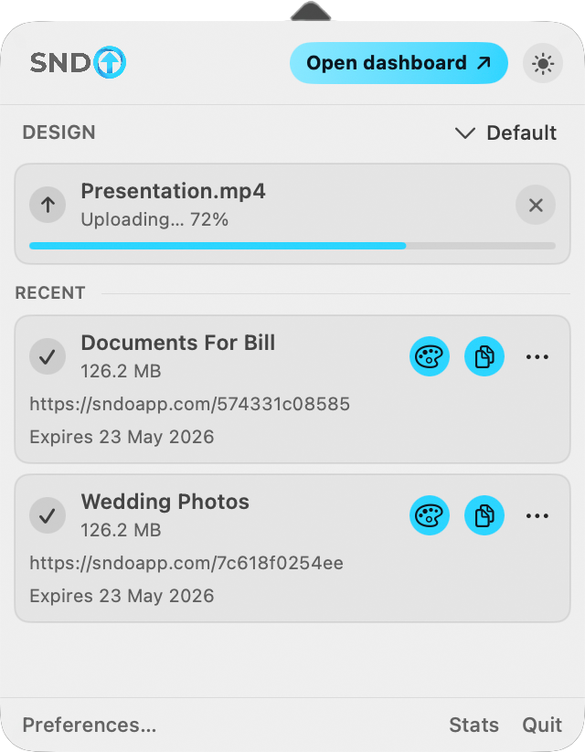 Sndo menu bar window showing an upload in progress and recent share links